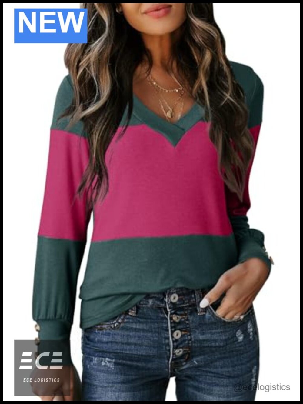 Dokotoo Womens Long Sleeve V Neck Color Block Pullover Casual Sweater Tunic
